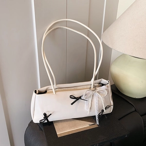 Women Sweet Bow Knot Baguette Bag PU Leather Underarm Bag With Lace Artificial Pearl Charm Retro Fashion Shoulder Bag For Daily Party