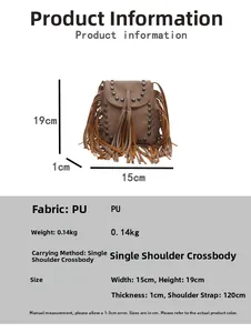 Bolso bandolera marrón con flecos con diagrama de dimensiones 15x19cm y detalles