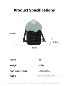 Detailed size specifications for the cupcake-shaped PU leather crossbody phone bag