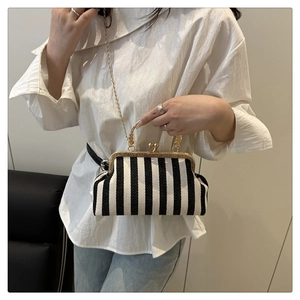 Detail of a retro black and white striped shell bag with gold chain and metal handle