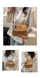Detail view of khaki PU leather crossbody bag featuring colorful decorative patches