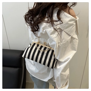 Detailed view of striped handbag with gold metal ring handle and chain shoulder strap