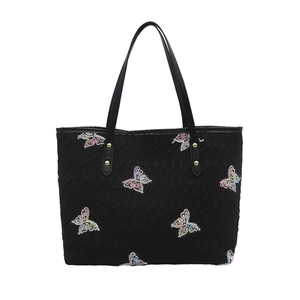 Large capacity black tote bag with colorful butterfly embroidery and gold rivets