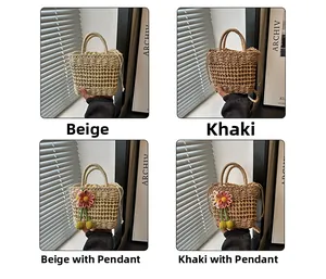 Close-up of woven straw bucket bag with drawstring liner and sunflower charm detail