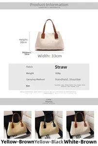 Casual straw woven handbag with size dimensions and multiple color options for women
