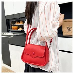 Red lychee pattern handbag with flap closure and adjustable crossbody strap detail