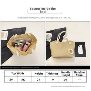 Size chart and capacity details for the straw bucket bag with rope handles