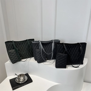 Large Capacity Quilted Tote Bag And Small Zipper Pouch Nylon Diamond Pattern Casual Shoulder Bag For Women