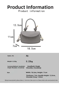 Detailed size chart showing the 18.5cm width and 11cm height of the grey PU handbag