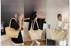 Detailed views of the hand-woven tote bag showing shoulder, hand, and arm carry styles