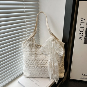 Women Korean Style Sweet Lace Tote Bag Large Capacity Floral Crochet Shoulder Bag Romantic Beach Vacation Handbag With Bow