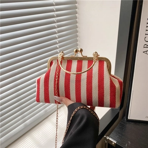 Red and white striped doctor shell bag with gold metal frame and chain strap