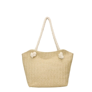 Large capacity straw woven tote bag with white cotton rope handles and herringbone pattern