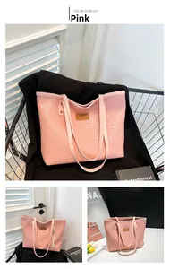 Detailed views of pink woven tote bag showing texture and size in various lifestyle settings