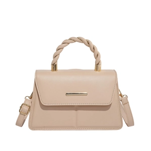 Elegant beige crossbody square bag with twisted handle and golden hardware accent