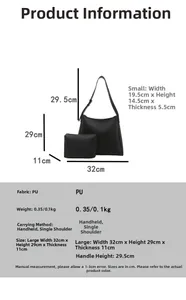 Size chart showing large tote and small pouch dimensions in PU leather material
