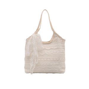Elegant white lace tote bag with floral patterns and matching lace scarf decoration