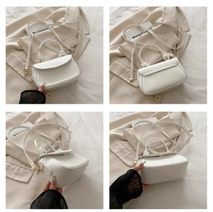 Detailed views of a white PU leather shoulder bag with unique knot handles and gold hardware