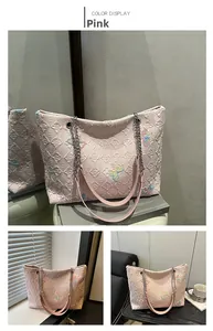 Detail of pink tote bag with star embroidery, quilted texture and chain strap