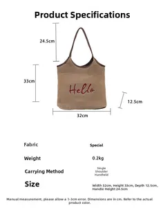 Detailed size specifications for a woven tote bag with Hello embroidery and dimensions