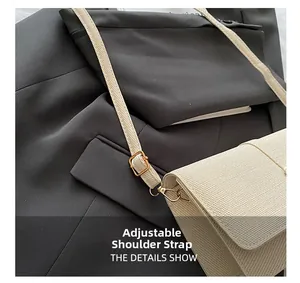 Detail of adjustable shoulder strap and gold hardware on beige woven crossbody bag