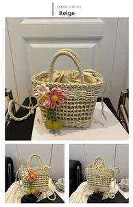 Beige hollow straw bag with floral crochet charms and drawstring closure detail