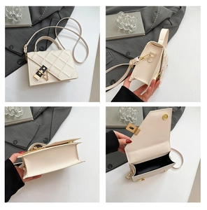 Detailed views of beige quilted crossbody bag with gold chain lock and internal space