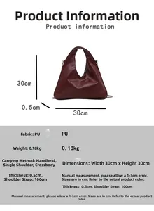 Detail view of large dark red triangle chain bag showing dimensions and PU leather texture