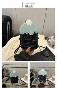 Detail of creative cupcake-shaped crossbody phone bag in black and mint green leather