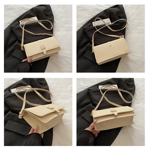 Detailed four-way view showing front, back, side and bottom of this beige textured bag