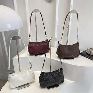 Women Snake Print Underarm Bag PU Leather Baguette Shoulder Handbag With Zipper Silver Hardware Fashionable Chic