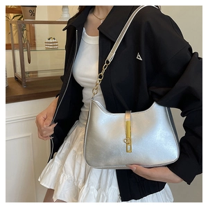 Detail of silver shoulder bag featuring a gold buckle and chain leather strap