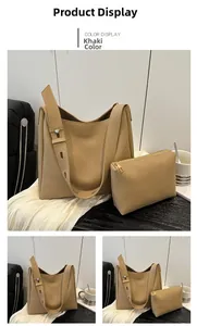 Detail view of khaki tote bag set with adjustable straps and matching inner pouch