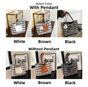 Detailed grid view of checkerboard tote bags in white, brown and black with cat charms