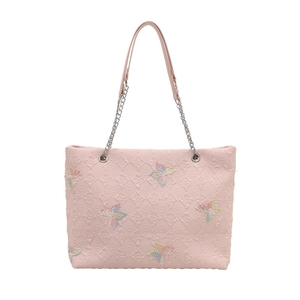 Pink embossed tote bag with butterfly embroidery and silver chain straps for school