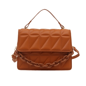 Minimalist caramel brown geometric quilted crossbody bag with stylish chunky plastic chain