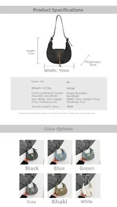 Especificaciones de tamaño y seis opciones de color para el bolso vintage de media luna