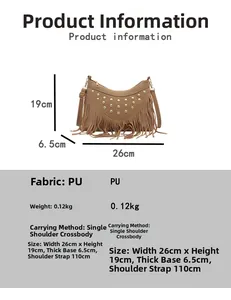 Brown PU leather crossbody bag with rivet studs and tassels showing size dimensions
