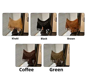 Detail view of five colors of vintage suede tassel bags with metal rivet embellishments