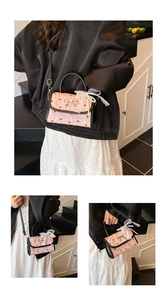 Detailed views of pink quilted handbag with bow patterns and pearl lace charm accessory