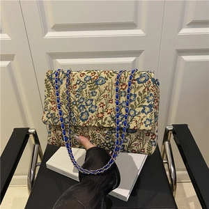 Ethnic embroidery floral underarm bag with blue chain strap and flip cover for women