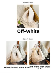 Korean style lace flower canvas shoulder bag with white and khaki scarf options