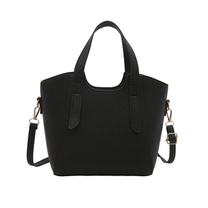 Vintage black lychee pattern leather handbag with gold hardware and removable shoulder strap