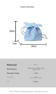 Detailed size chart for blue plaid canvas bucket bag with 20x20x7cm dimensions