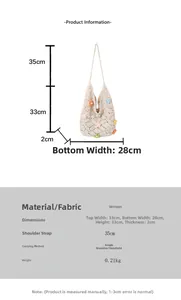 Detailed size chart for beige woven straw tote bag with dimensions and specifications