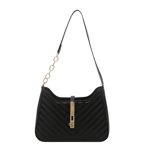 Retro black crescent underarm bag with V-shaped quilting and gold metal buckle