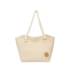 Large cream woven straw tote bag with daisy ornament and thick cotton rope handles
