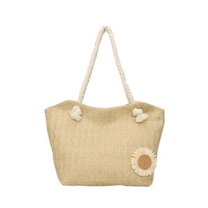 Stylish large straw bucket bag with thick rope handles and sunflower decoration