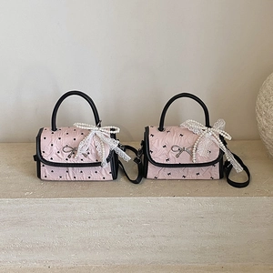 Women Shoulder Bag PU Leather Wrinkled Heart Bow Print Sweet Japanese Style Handbag With Artificial Pearl Lace Charm