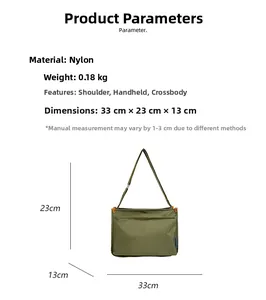 Größendiagramm und Spezifikationen für armeegrüne Nylon-Einkaufstasche 33x23x13cm